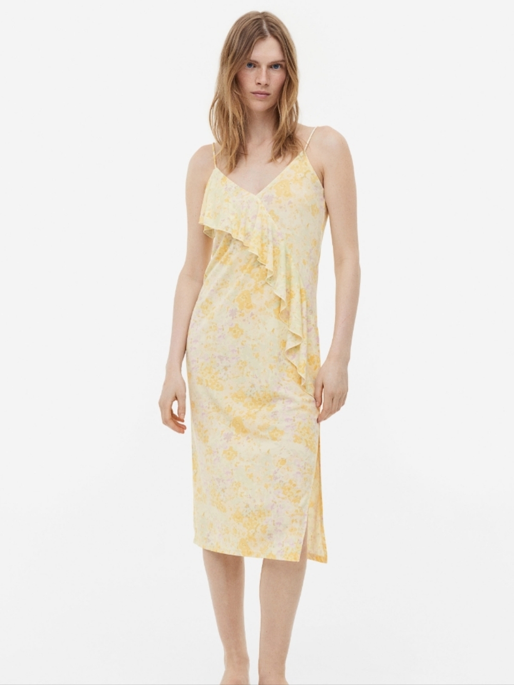 🤠🦋H&M Pastel Yellow Floral Ruffle Midi Dress Size M